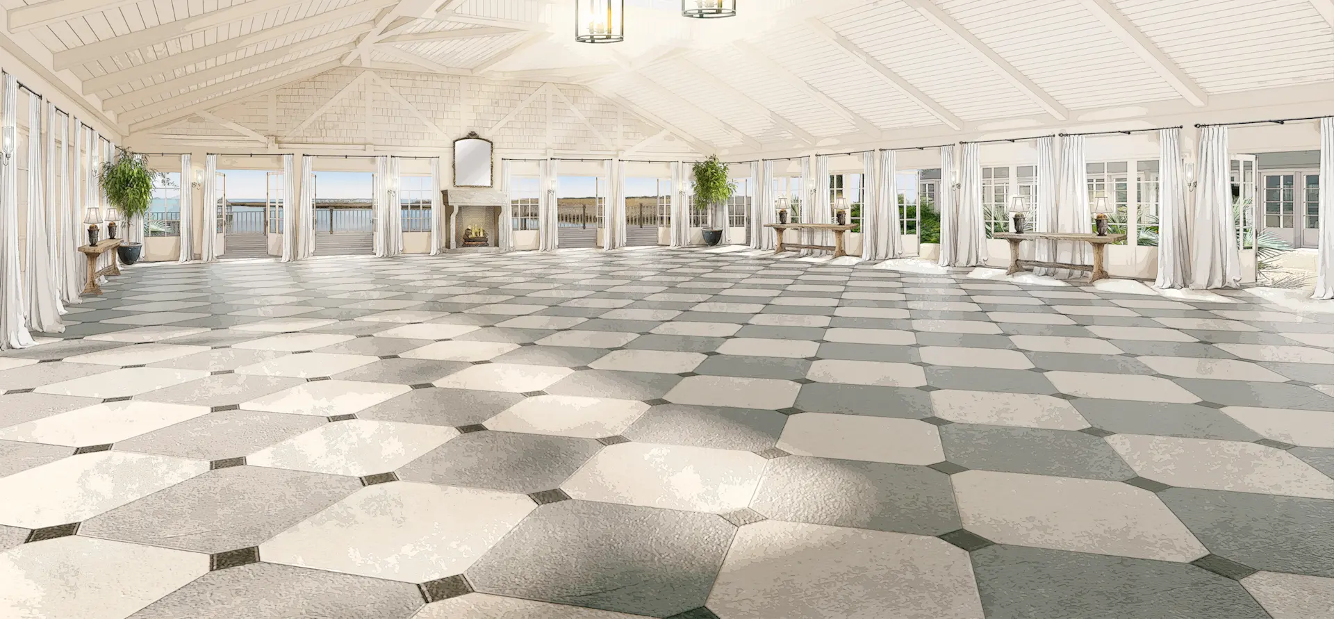 Interior view of The Great Hall at The Sanderling, featuring high ceilings and a coastal-inspired design