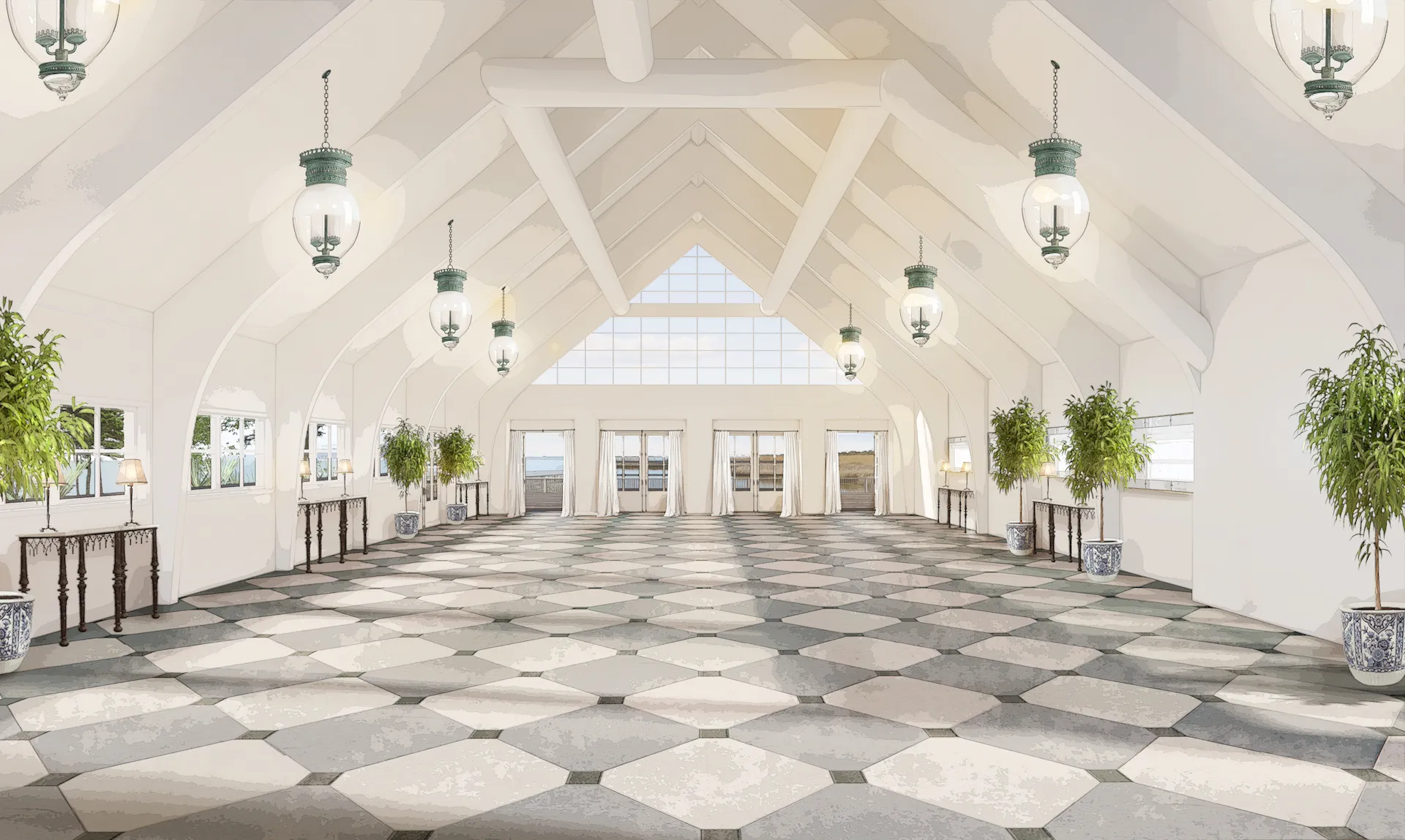 Interior of The Sunset Ballroom, a spacious and elegant venue with high ceilings and a sophisticated design